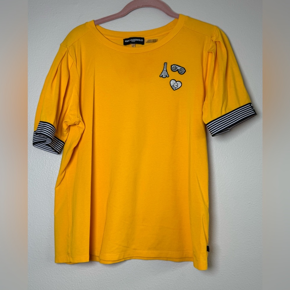 Karl Lagerfeld Mustard Yellow Crewneck Tee with Embroidered Patch